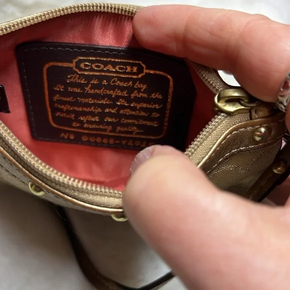 Coach Signature Stripe Studded Gold Metallic Lurex & Leather Wristlet - Picture 6 of 9